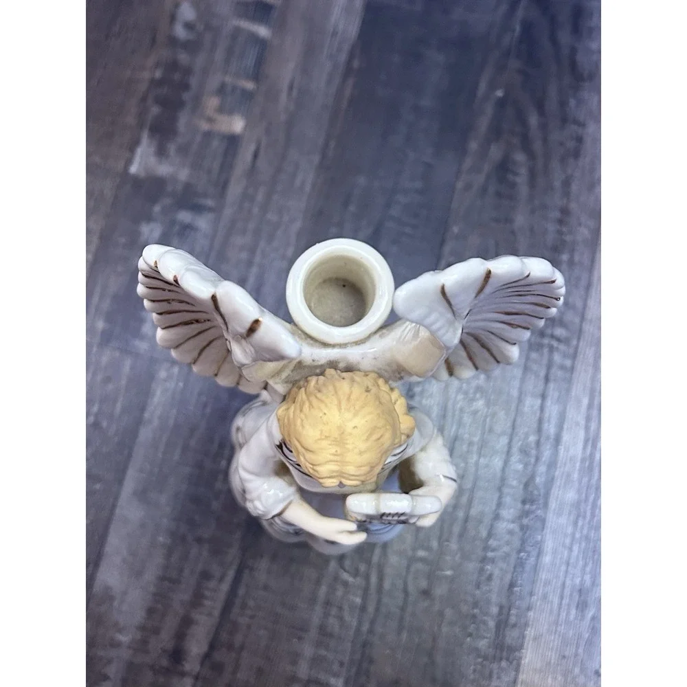 Hand Painted Glazed Ceramic Angel Candle Holder, White/Gold, Taper